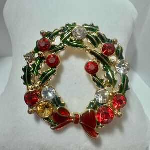 Festive Wreath Brooch with Red and Green Accents